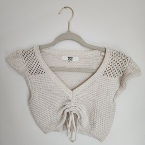 Beige Knit Crop Top with Lace Sleeves